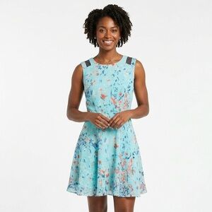 Pink Owl Turquoise Floral Fit & Flare Dress with Black Shoulder Accents